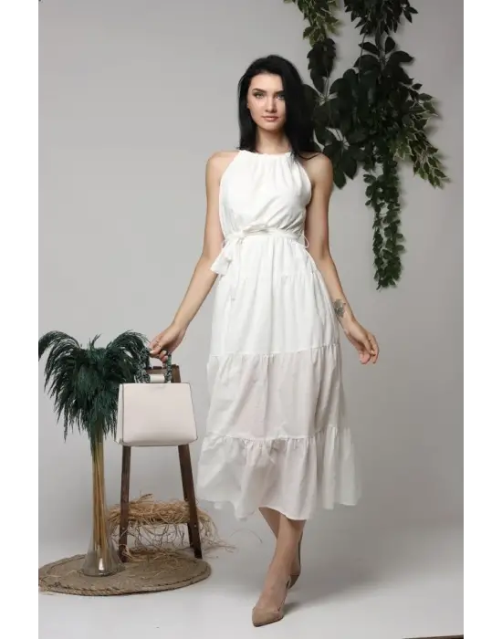Ekru Halter Yakalı Kuşaklı Elbise