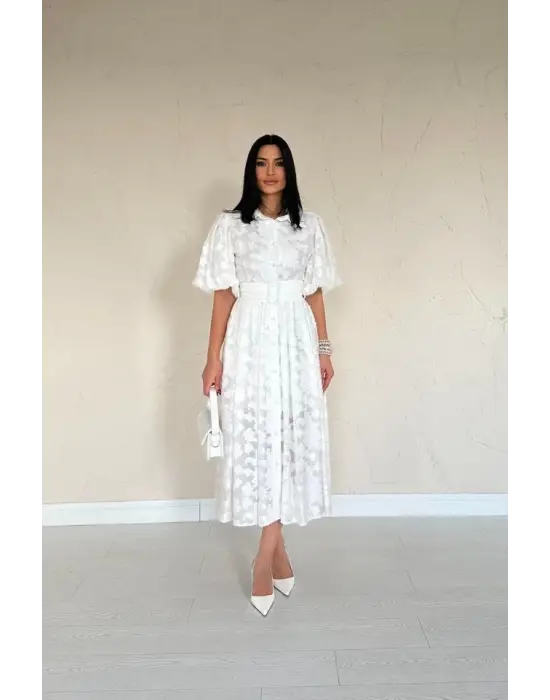 Omarı Şık Ekru Balon Kollu Elbise