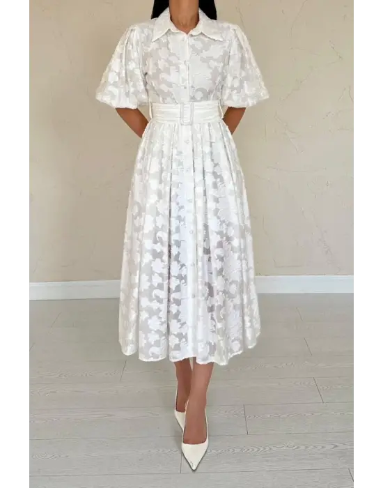 Omarı Şık Ekru Balon Kollu Elbise