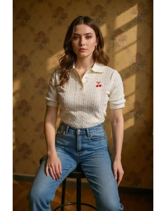 Ekru Kiraz Detaylı Örme Triko Bluz TR-1050