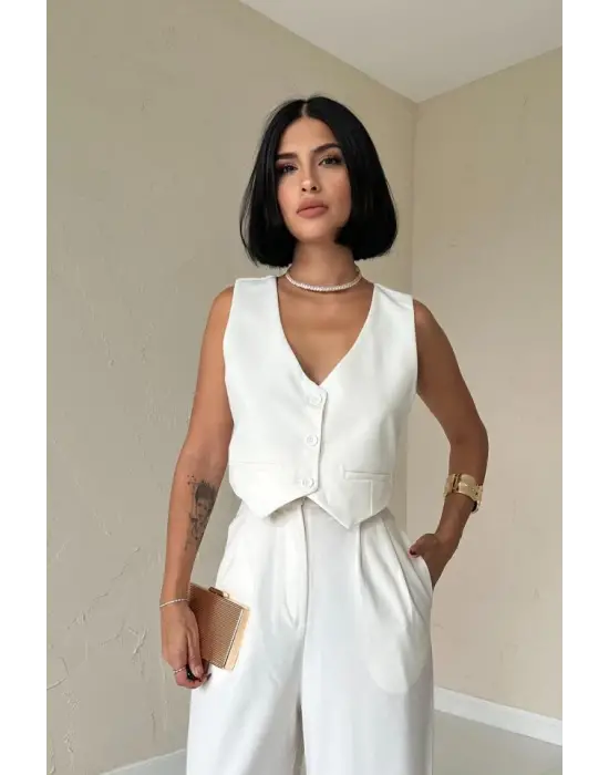 Ekru Klas Ceket Ve Yelek Ve Pantolon Takım