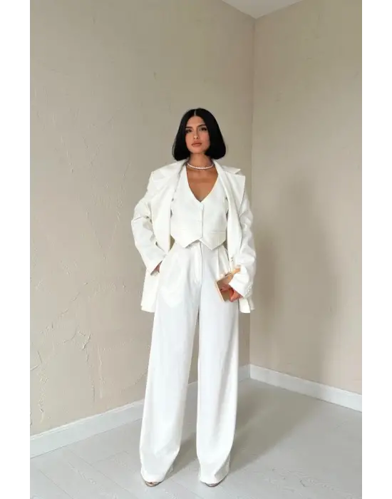 Ekru Klas Ceket Ve Yelek Ve Pantolon Takım
