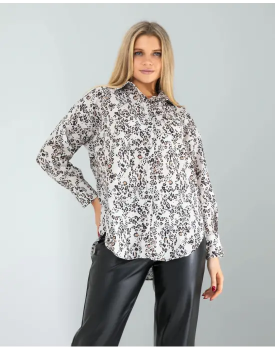 Omarı Ekru Leopar Desenli Gömlek