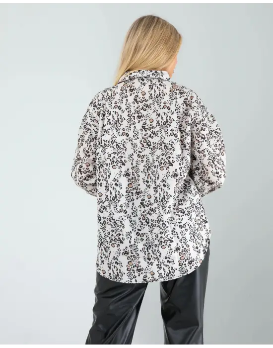 Omarı Ekru Leopar Desenli Gömlek