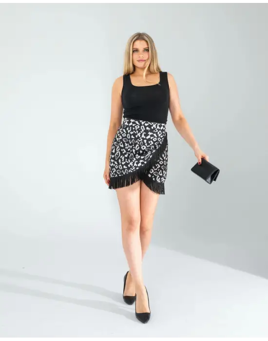 Omarı Zarif Püsküllü Ekru Mini Etek