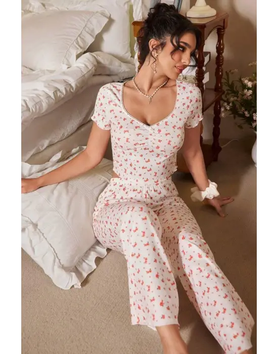 Ekru V Yaka Kısa Kollu Crop Pijama Takımı 7379