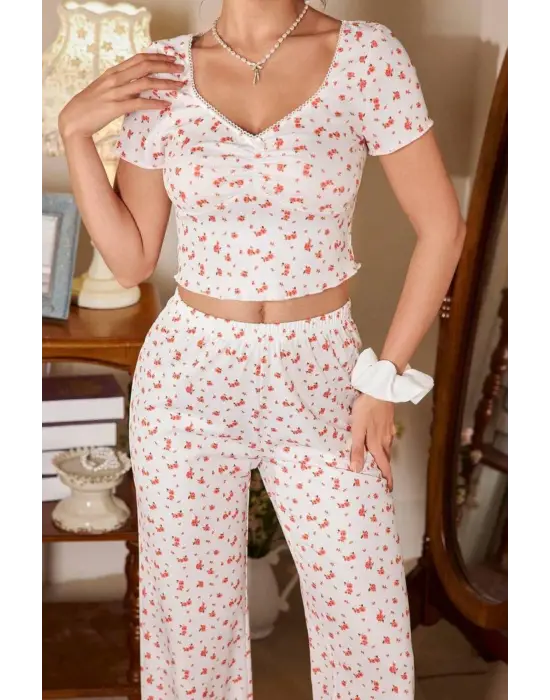 Ekru V Yaka Kısa Kollu Crop Pijama Takımı 7379