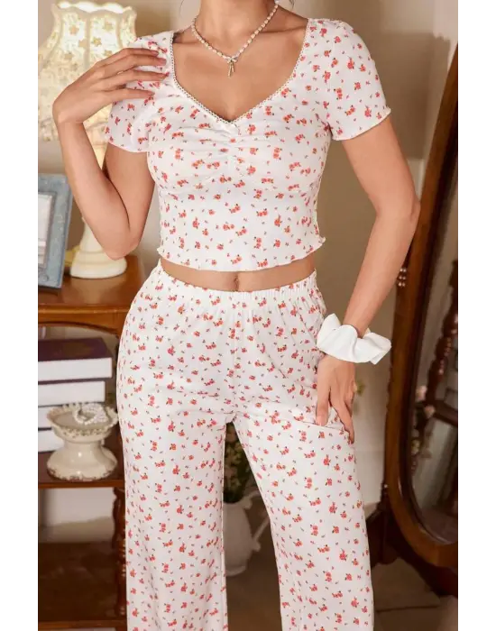 Ekru V Yaka Kısa Kollu Crop Pijama Takımı 7379