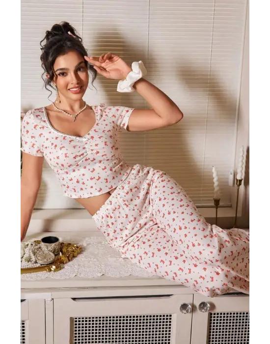Ekru V Yaka Kısa Kollu Crop Pijama Takımı 7379