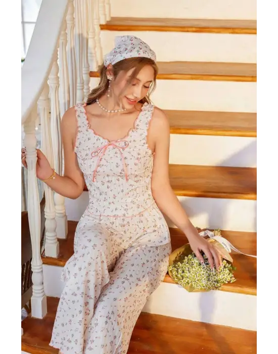 Ekru Vintage Model Çiçek Desenli Naif Pijama Takımı 7323