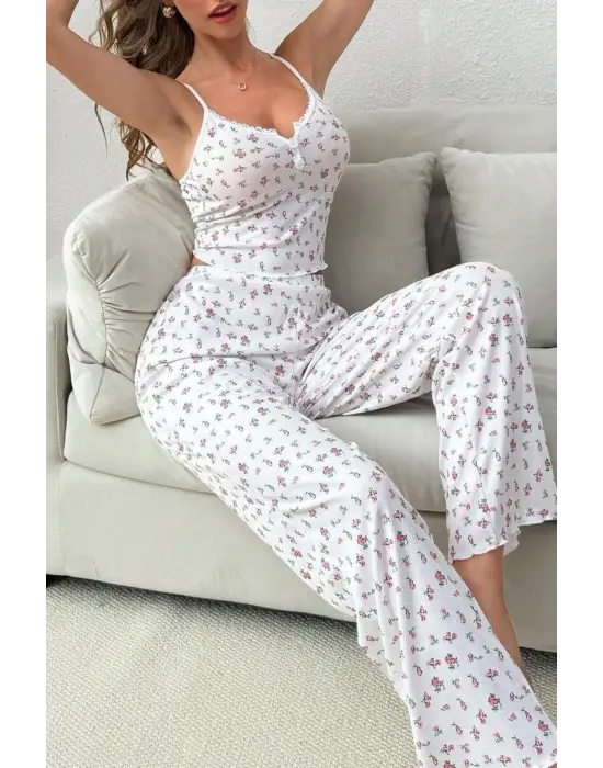 Ekru Yaz Romantizmi Askılı Pijama Takımı 7359