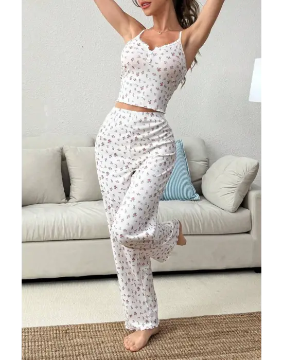 Omarı Ekru Yaz Romantizmi Askılı Pijama Takımı