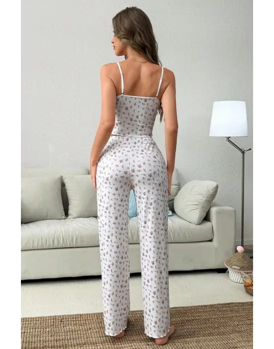 Omarı Ekru Yaz Romantizmi Askılı Pijama Takımı