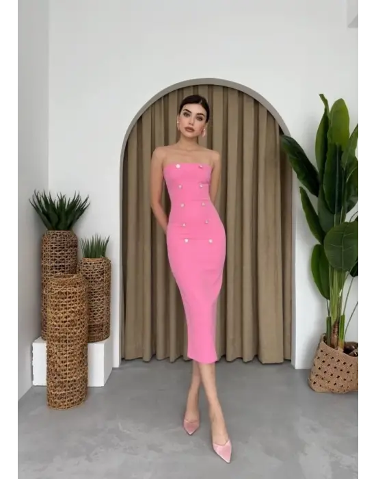 Omarı Çiçek Desenli Taşlı Elbise