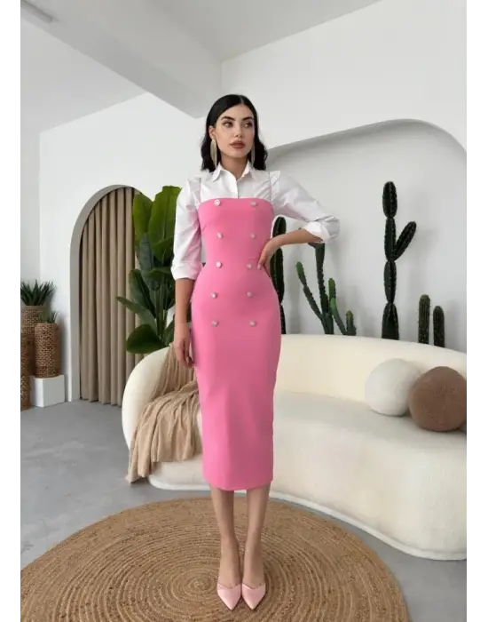 Omarı Çiçek Desenli Taşlı Elbise