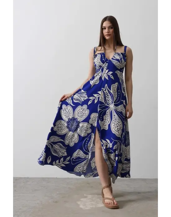 Omarı Şık Askılı Viskon Elbise - Mavi