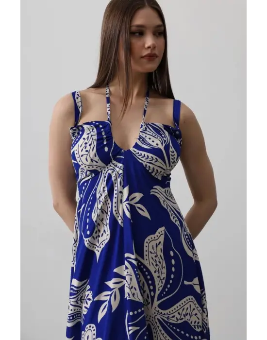 Omarı Şık Askılı Viskon Elbise - Mavi