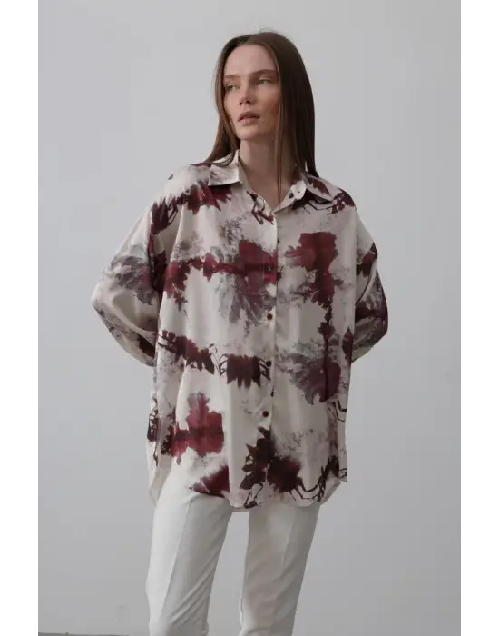Omarı Şık Desenli Bordo Gömlek