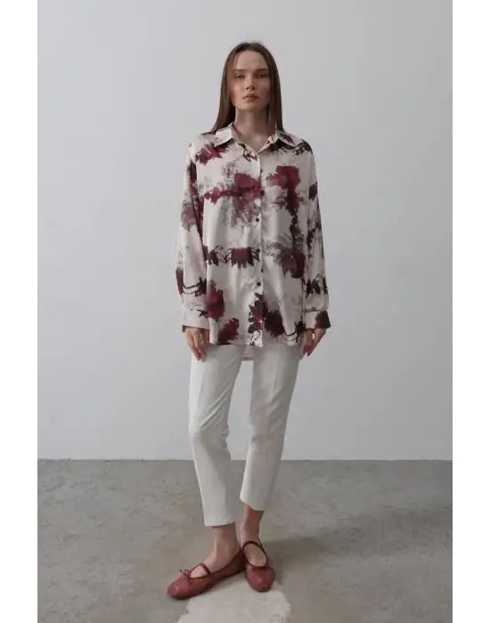 Omarı Şık Desenli Bordo Gömlek