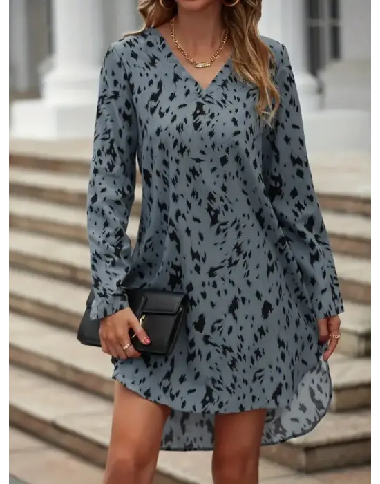 Omarı Uzun Kollu Desenli Keten Elbise