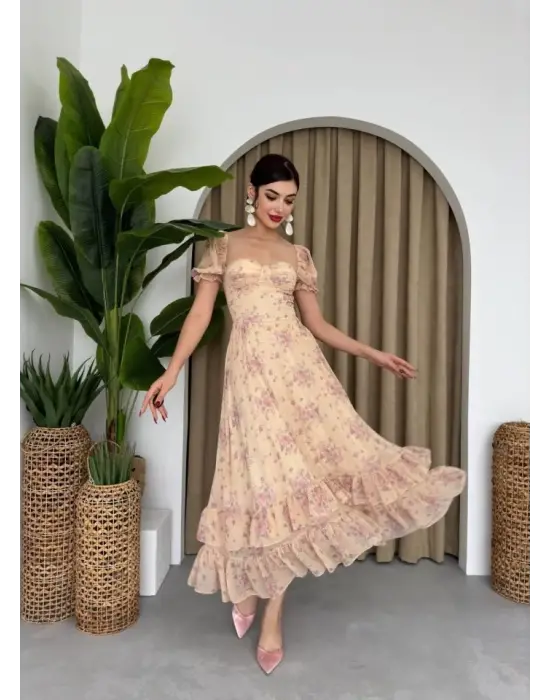 Omarı Zarif Şifon Desenli Elbise