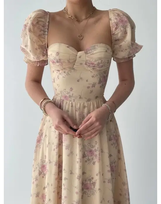 Omarı Zarif Şifon Desenli Elbise