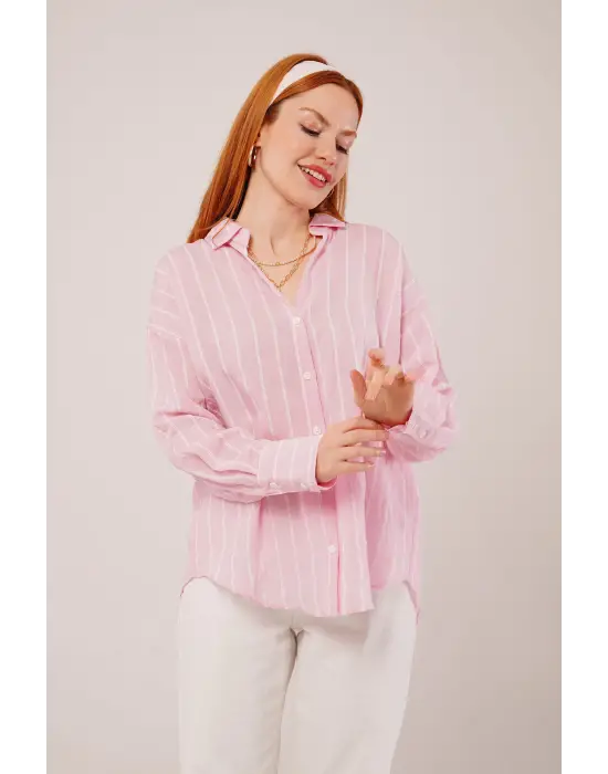 Omarı Şık Çizgili Pembe Gömlek
