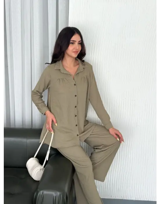 Omarı Şık Yakalı Uzun Kollu Pantolon Takımı - Bej