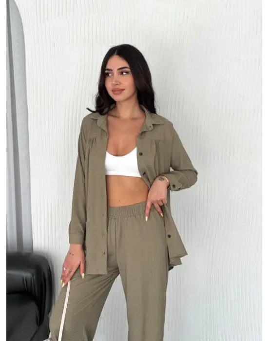 Omarı Şık Yakalı Uzun Kollu Pantolon Takımı - Bej