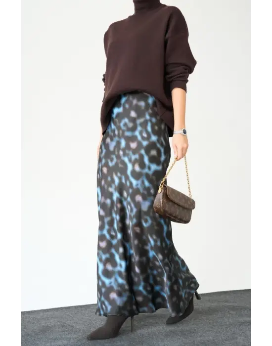 Omarı Zarif Saten Uzun Etek - Siyah ve Mavi
