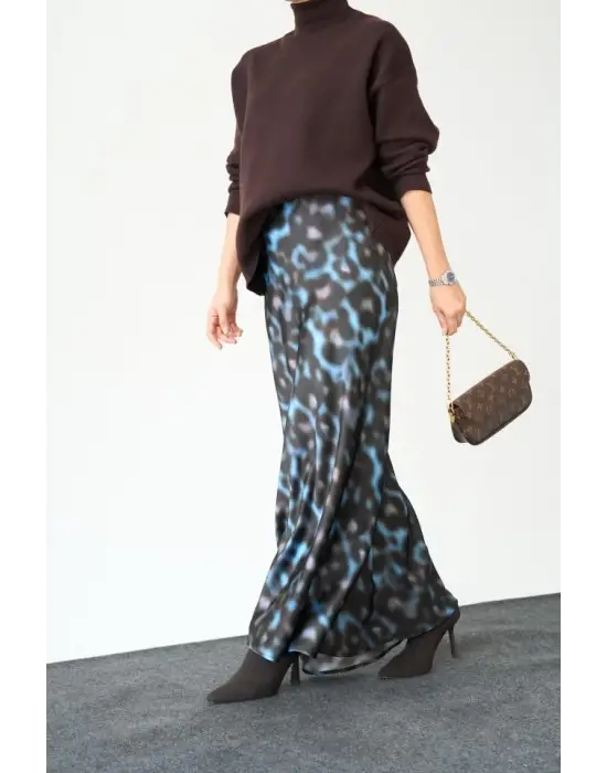Omarı Zarif Saten Uzun Etek - Siyah ve Mavi