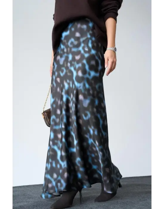 Omarı Zarif Saten Uzun Etek - Siyah ve Mavi