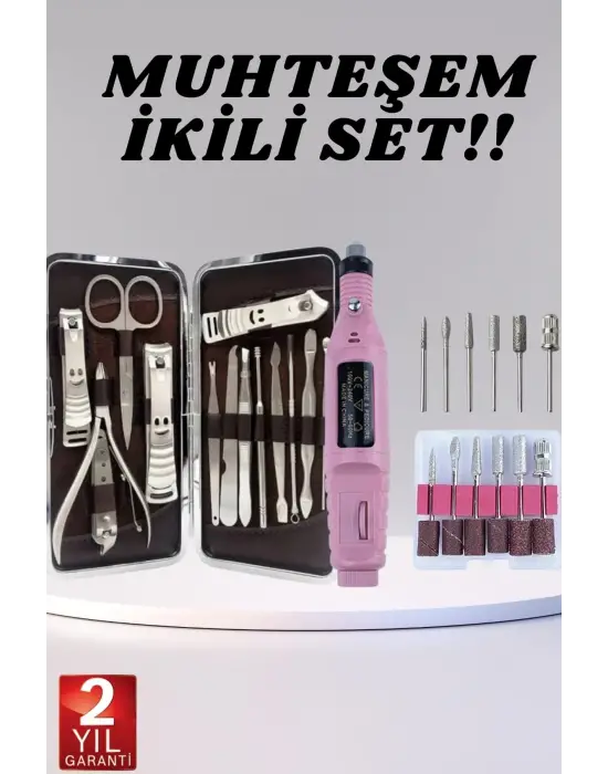 Elektrikli Manikür Pedikür Seti İkili Set 12 Parça Tırnak Bakımı Törpü Protez Çıkarma