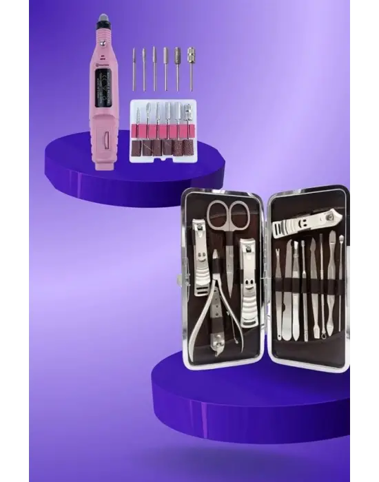 Elektrikli Manikür Pedikür Seti İkili Set 12 Parça Tırnak Bakımı Törpü Protez Çıkarma