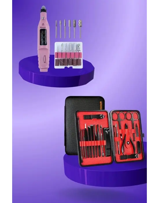 Elektrikli Manikür Pedikür Seti İkili Set 17 Parça Tırnak Bakımı Nasır Temizleme Tırnak Şekillendirme