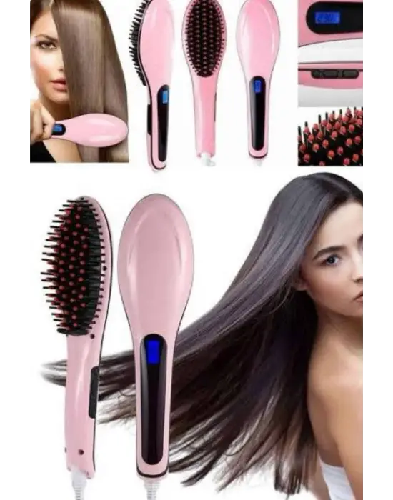 Elektrikli Saç Düzleştirici Tarak Saç Düzleştirici Fırça Sıkı Dişli Pembe