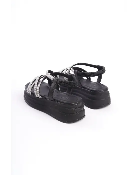 ELENA Lastikli Taşlı Şeritli Rahat tabanlı ayakkabı Tabaan Bayan Sandalet CGünlük Şık - Siyah