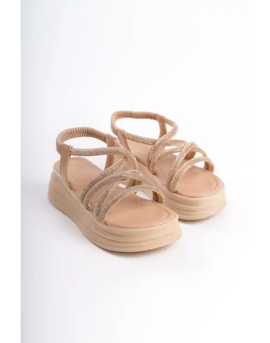 ELENA Lastikli Taşlı Şeritli Rahat tabanlı ayakkabı Tabaan Bayan Sandalet CTT - Ten