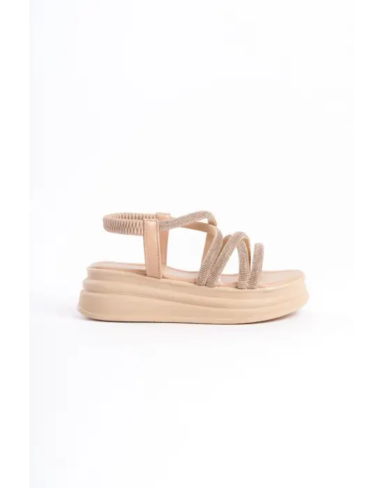 Zarif Taşlı Lastikli Tabaan Bayan Sandalet