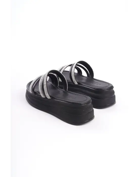 ELISE Düz Topuklu Şeritli Taşlı Kalın ve Rahat tabanlı ayakkabı Tabaan Bayan Terlik CGünlük Şık - Siyah