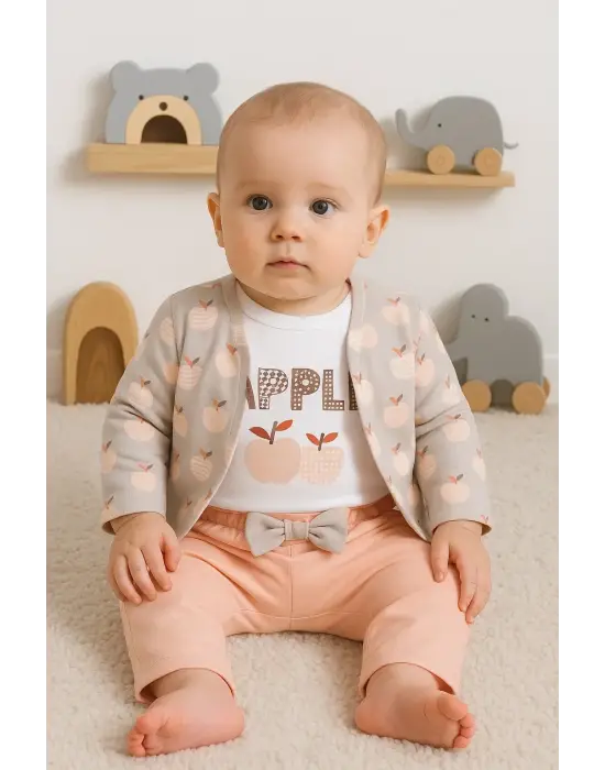 Elma Desenli Ceketli 3lü Kız Bebek Takımı