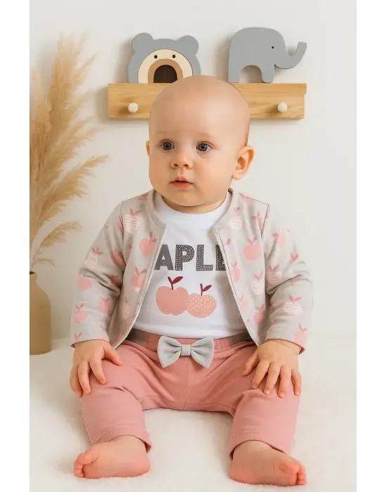 Elma Desenli Ceketli 3lü Kız Bebek Takımı