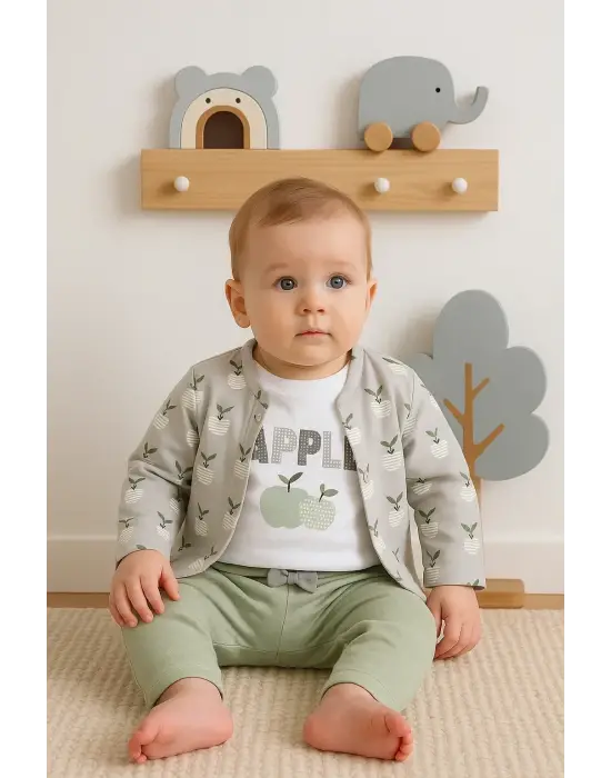 Elma Desenli Ceketli 3lü Kız Bebek Takımı