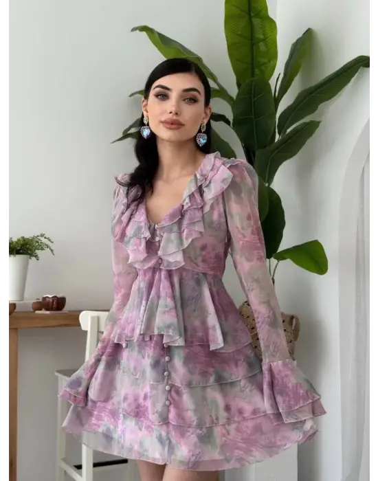 Omarı Zarif Fırfırlı Elbise Mavi