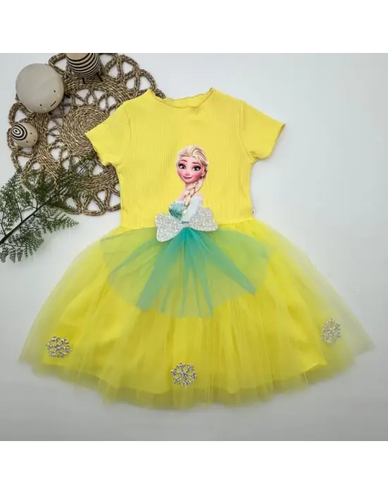 Omarı Elsa Desenli Fiyonklu Kız Çocuk Tütü Elbise Sarı