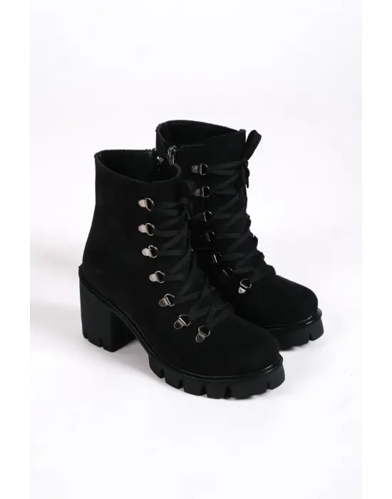 Rahat Tabanlı Bağcıklı Süet Bayan Bot - Siyah