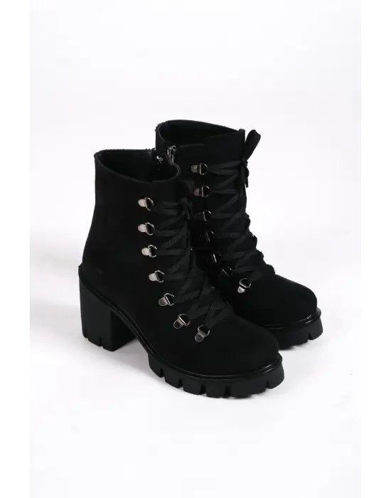 EMMA Bağcıklı Fermuarlı Rahat tabanlı ayakkabı Tabaan Topuklu Süet Bayan Bot  SGünlük Şık - Siyah