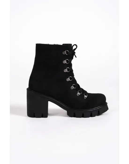 EMMA Bağcıklı Fermuarlı Rahat tabanlı ayakkabı Tabaan Topuklu Süet Bayan Bot  SGünlük Şık - Siyah