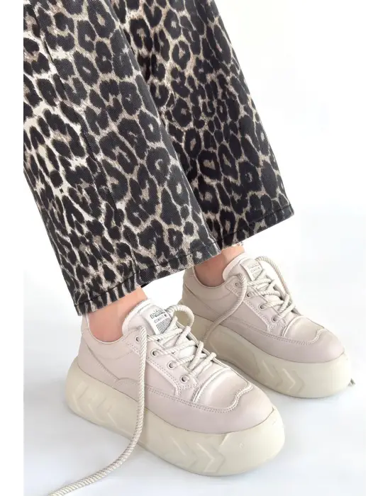 Emwa Bej Cilt Bağcıklı Spor Ayakkabı