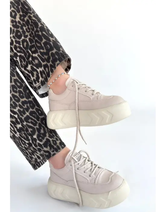 Emwa Bej Cilt Bağcıklı Spor Ayakkabı